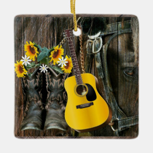 Westerna Horse Cowboystövlar Guitar Solblommor Julgransprydnad Keramik