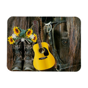 Westerna Horse Cowboystövlar Guitar Solblommor Magnet