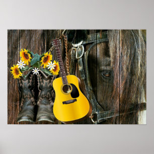 Westerna Horse Cowboystövlar Guitar Solblommor Poster