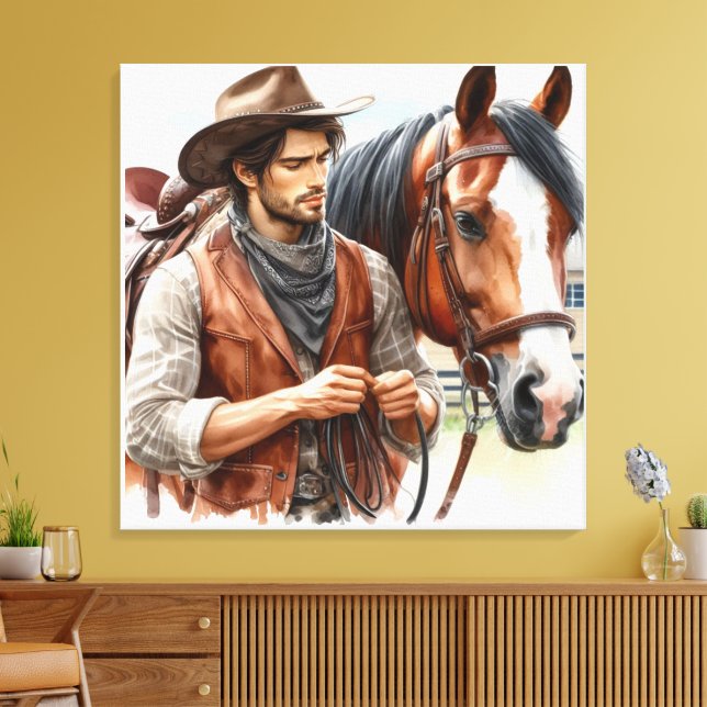 Westerna Kanvastrycket Cowboy och Horse Stretched Canvastryck (Insitu (Vardagsrum))