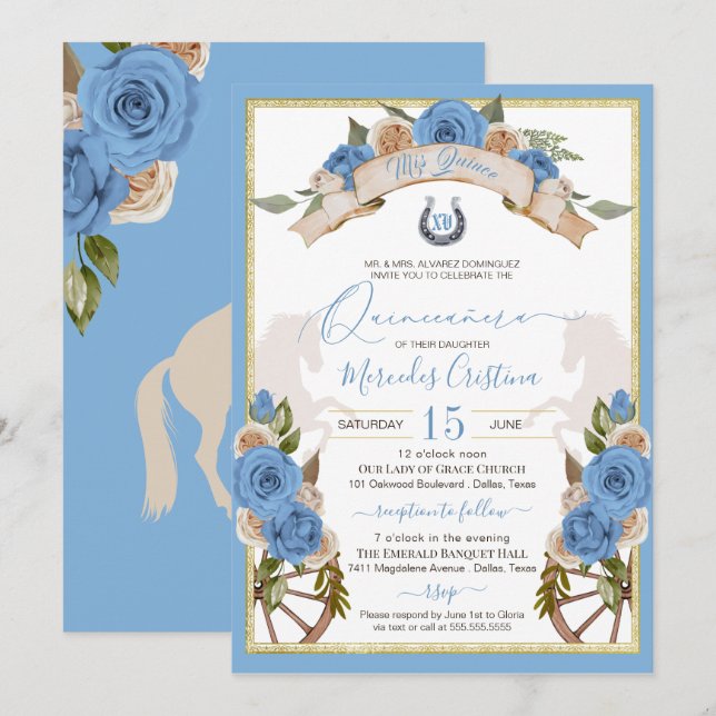 Westerna karro Light Blue Horses Quinceanera Inbjudningar (Fram/baksida)