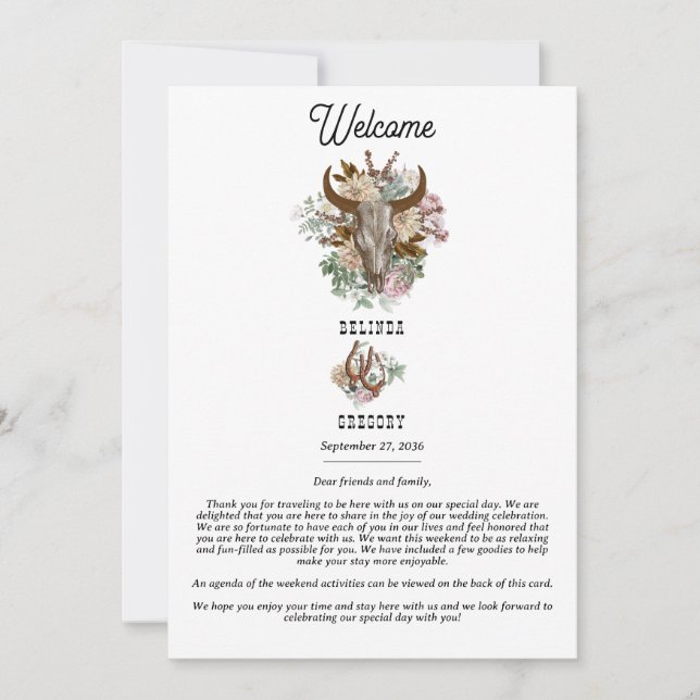 Westerna Land Boho Cow Skull Bröllop Itinerary (Framsida)