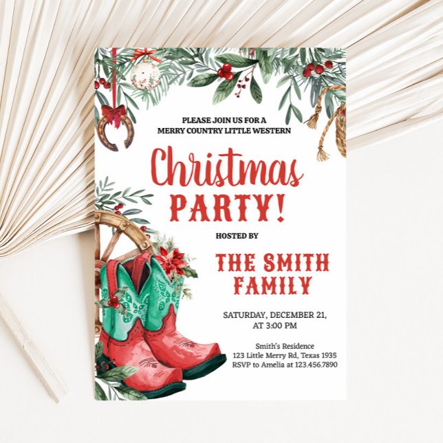 Westerna Land Boots jul Party Inbjudningar (Country Boots Western Christmas Party Invitation)