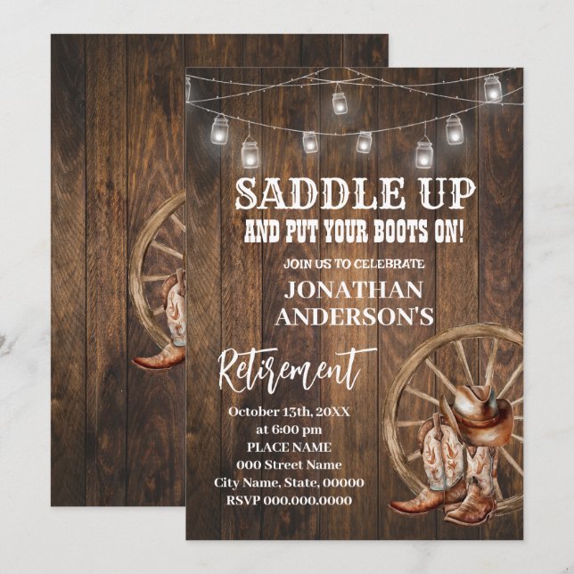 Westerna Land Boots Pension Firande Inbjudningar (Fram/baksida)