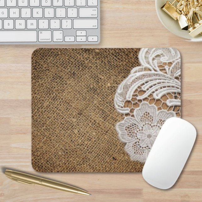 westerna land-burk och snöre musmatta (bohemian rustic western country burlap and lace mouse pad)