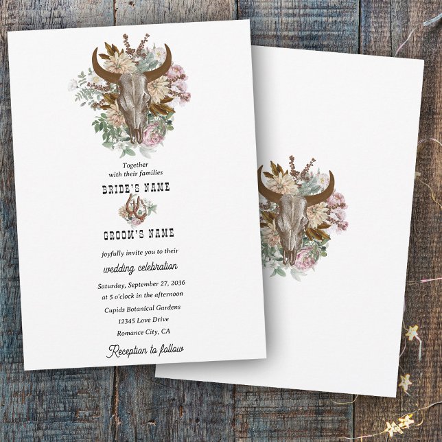 Westerna Land Cowboy Boho Cow Skull Bröllop Inbjudningar (Western Country Cowboy Boho Cow Skull Wedding Invitation)