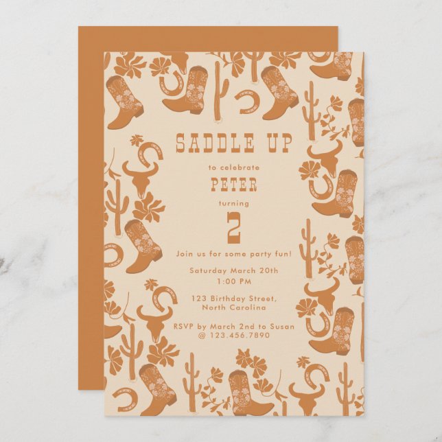 Westerna Land CowboyBoots Saddle upp födelsedag Inbjudningar (Fram/baksida)