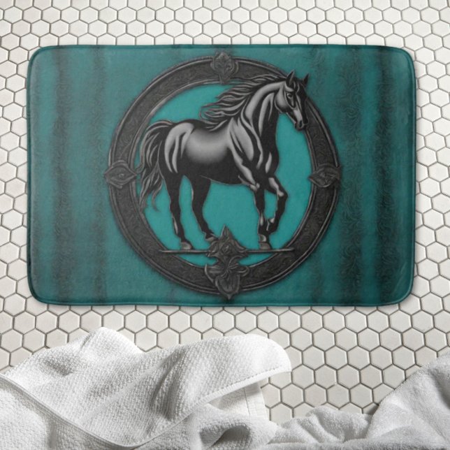 Westerna Land Equestrian Teal Black Horse Badrumsmatta (Western Country Equestrian Teal Black Horse Bath Mat)