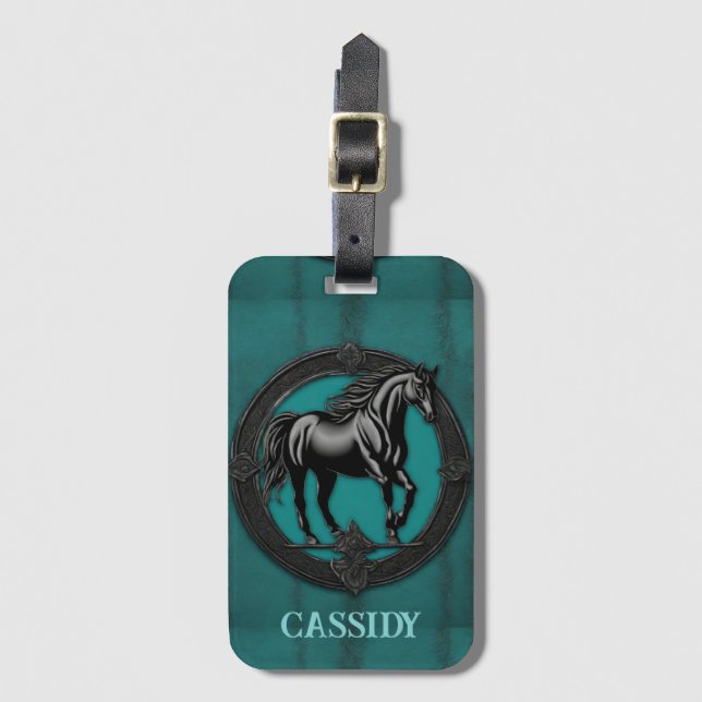 Westerna Land Equestrian Teal Black Horse Bagagebricka (Framsida vertikal)