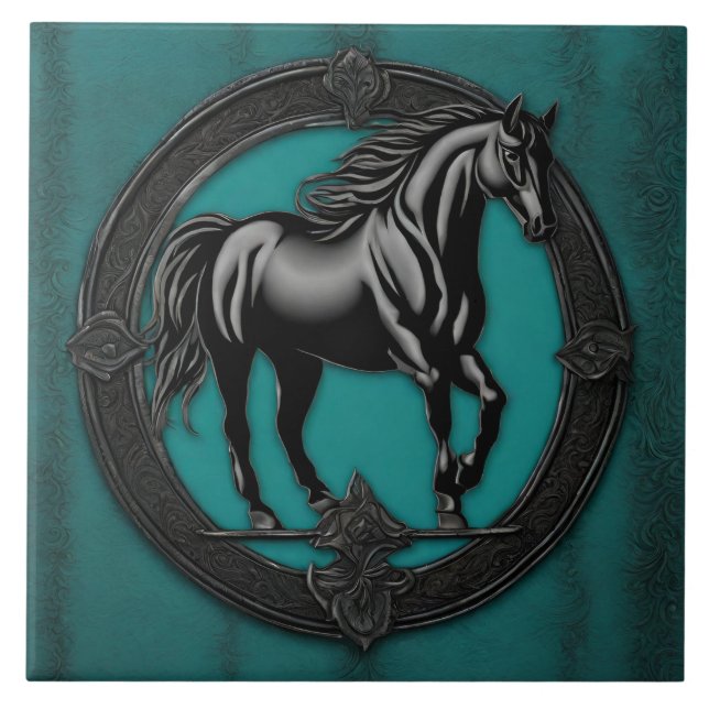 Westerna Land Equestrian Teal Black Horse Kakelplatta (Framsidan)
