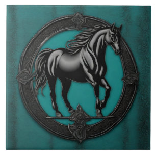 Westerna Land Equestrian Teal Black Horse Kakelplatta