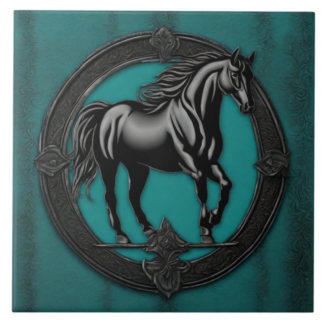 Westerna Land Equestrian Teal Black Horse Kakelplatta (Framsidan)