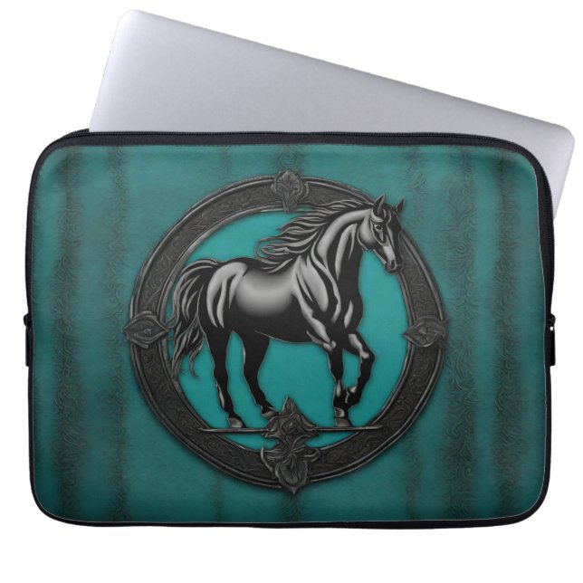 Westerna Land Equestrian Teal Black Horse Laptop Fodral (Framsidan)