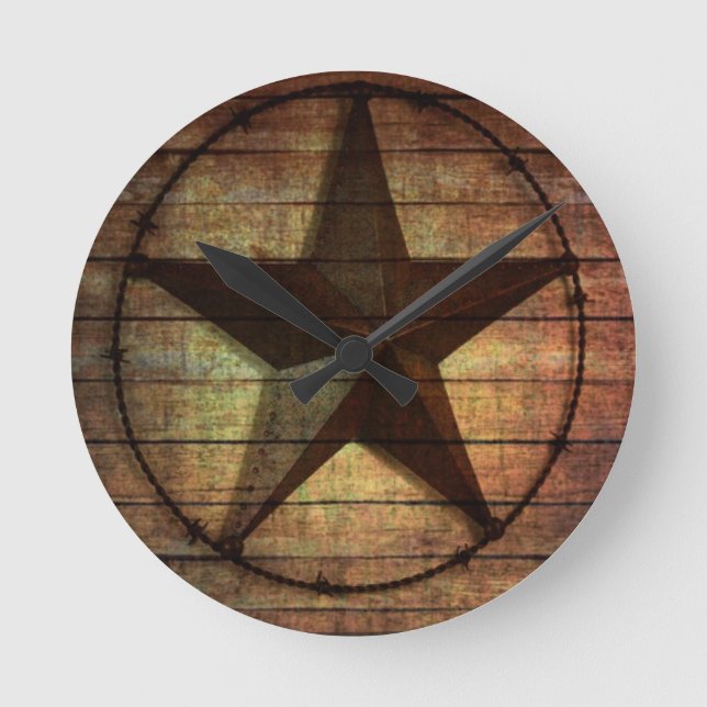 Westerna Land Primitive Barn Wood Texas Star Rund Klocka (Framsida)