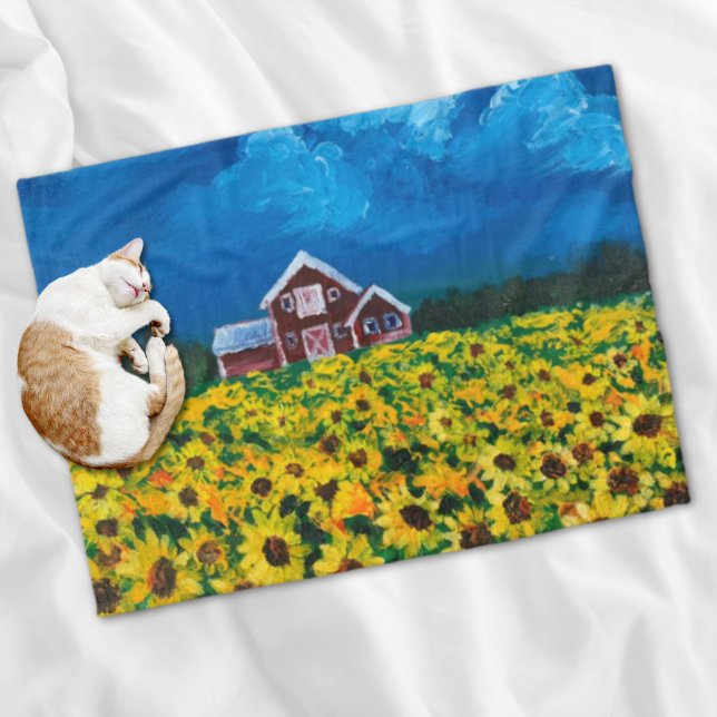 westerna land rödladusolsolja fält fleecefilt (western country red barn summer sunflower field fleece blanket)