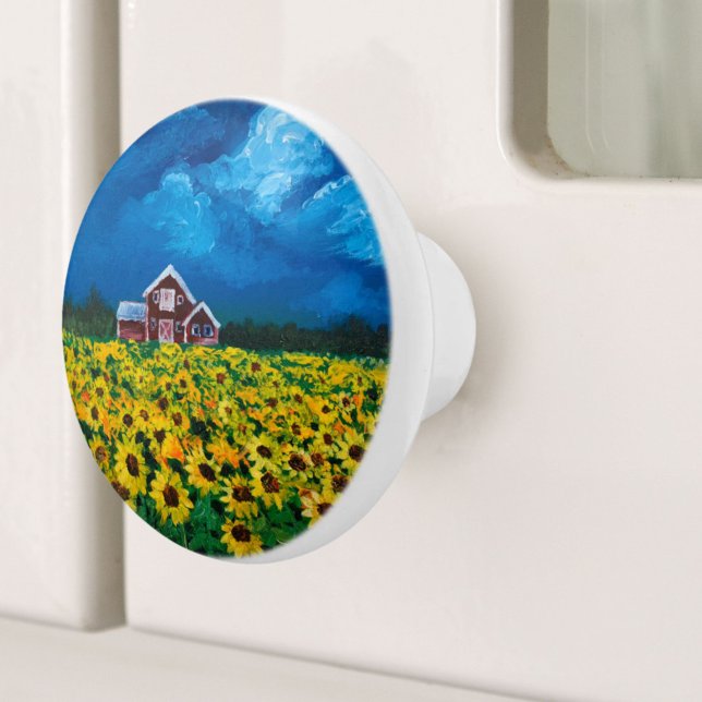 westerna land rödladusolsolja fält knopp (western country red barn summer sunflower field ceramic knob)