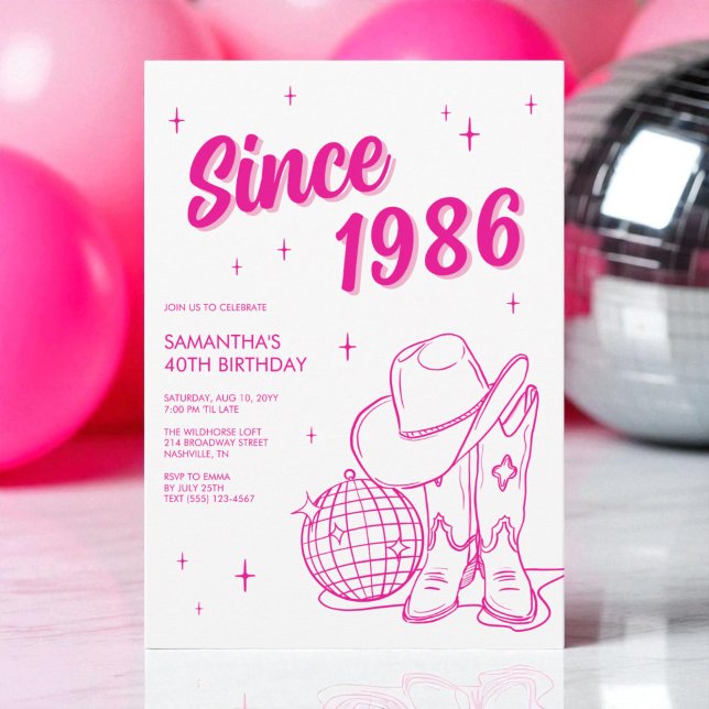 Westerna Land Rosa Disco 40:e födelsedag Party Inbjudningar (Western Country Pink Disco 40th Birthday Party Invitation)