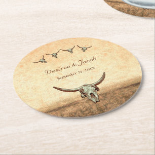 Westerna Land Rustic Bröllop Cow Bull Skull Underlägg Papper Rund