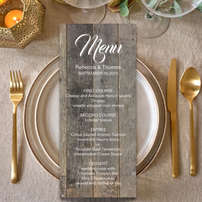 westerna land-vedslingan bröllop meny (rustic western country woodgrain barn wedding menu)