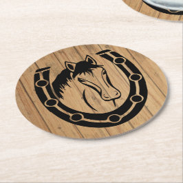 Westerna Landsbyggsbröllopet Horseshoe Wood Underlägg Papper Rund