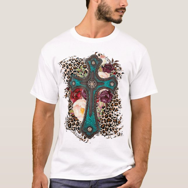 Westerna Leopard Flowers Kor Christian Cowgirl T Shirt (Framsida)