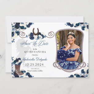 Westerna marinblå Quinceañera Spara datumfoto Inbjudningar