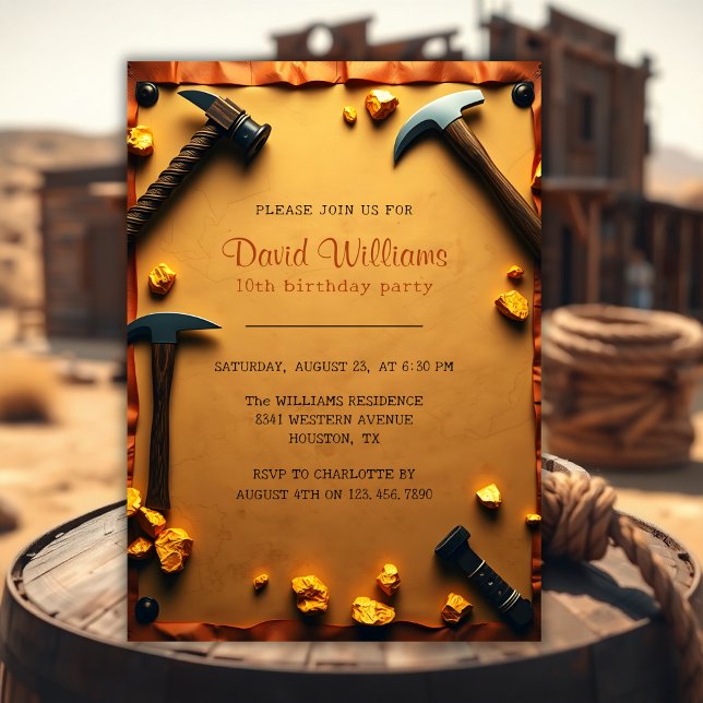 Westerna Miner Party Guld, födelsedag Inbjudningar (Western Miner Party Gold Mining Birthday Invitation)
