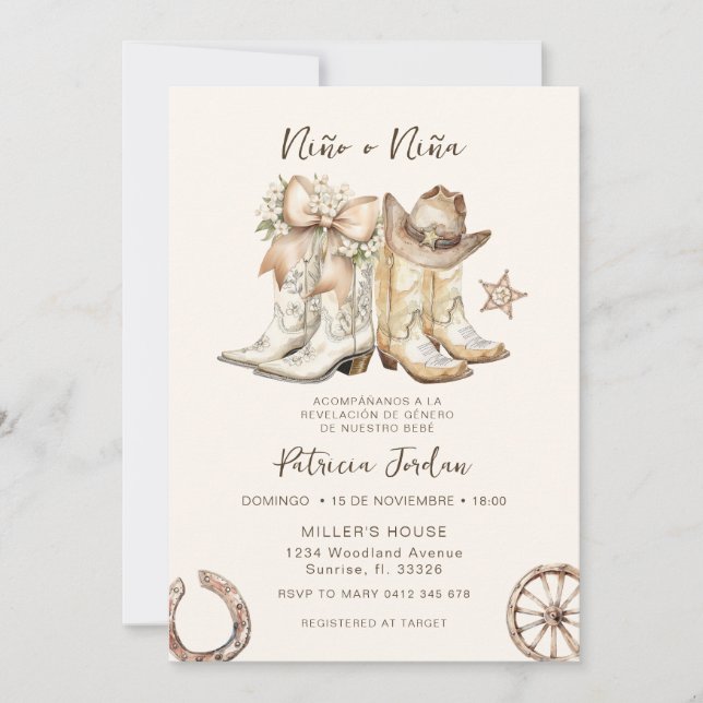 Westerna Niño o Niña Spanska Genderna Reveal Inbjudningar (Framsida)
