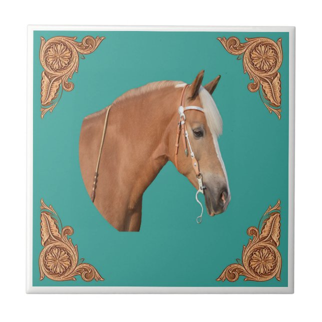 Westerna palominohorn med läderhörn kakelplatta (Framsidan)