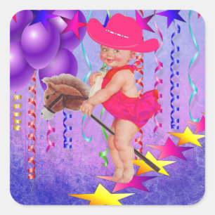 Westerna Party Baby Cowgirl On Stick Horse Fyrkantigt Klistermärke