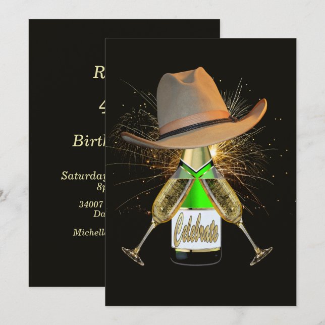 Westerna Party Cowboy Hat Champagne Fireworks Invi Inbjudningar (Fram/baksida)
