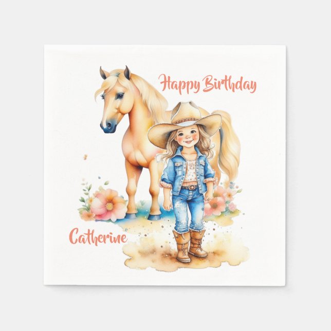 Westerna Personligen Cowgirl och Horse Birthday Pappersservett (Framsidan)