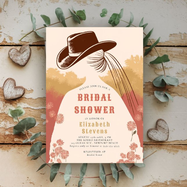 Westerna Prairie Wildblomma Rustic Möhippa Inbjudningar (western bridal shower invitation prairie wildflowers cowgirl cowboy hat pink green modern)