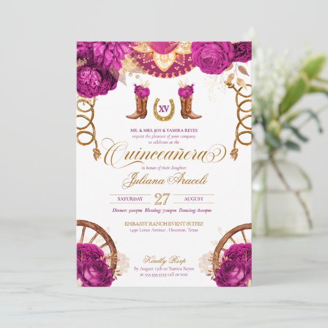 Westerna Quinceanera vid magenta Rosa Guld Ro Land Inbjudningar (Stående Fram)