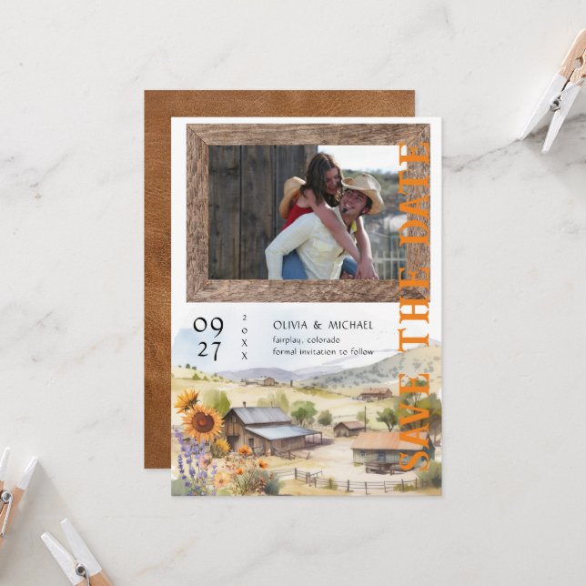 Westerna Ranch Bröllop spara datum (Fram/Back In Situ)