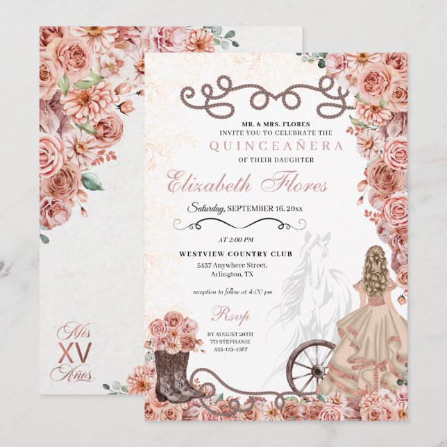 Westerna Ro Guld Princess Charra Quinceañera Inbjudningar (Fram/baksida)