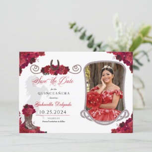 Westerna Röd ros Quinceañera Spara datumfoto Inbjudningar