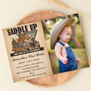 Westerna Rodeo Cowboy First Rodeo Birthday Photo Inbjudningar