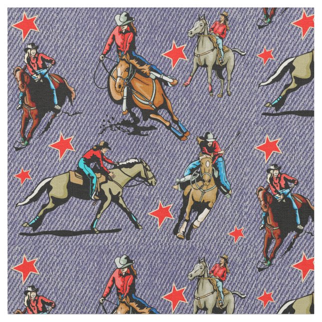 Westerna RodeoCowgirls som rider hästdesigntyg Tyg (Närbild)