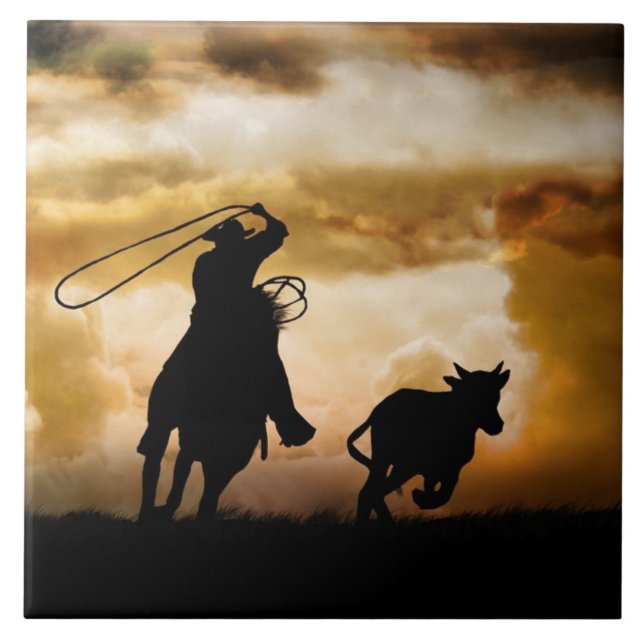 Westerna Roping Cowboyen och Horse land Kakelplatta (Framsidan)