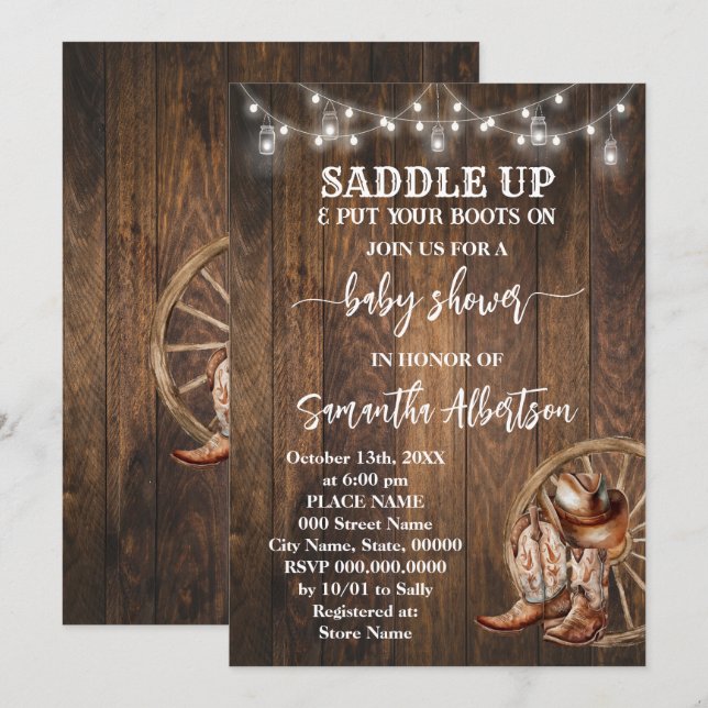 Westerna Rustic Baby Shower Land Boots Inbjudningar (Fram/baksida)