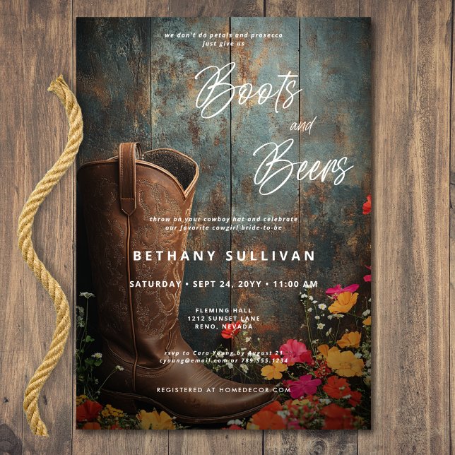 Westerna Rustic Boots & Öl Möhippa Inbjudningar (Western Rustic Boots & Beers Bridal Shower Invitation)