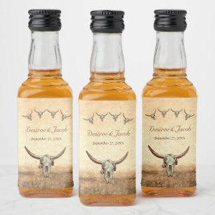Westerna Rustic Bröllop Land Bull Cow Skull Spritflaskor Etikett