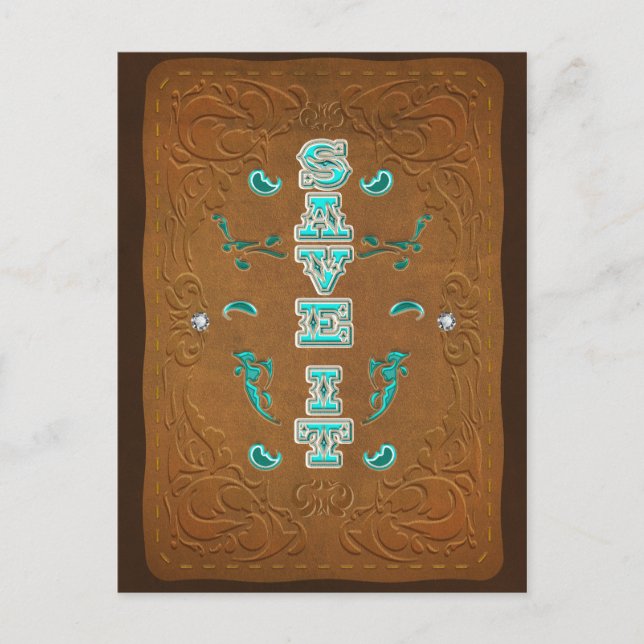 Westerna Rustic Brown Leather SPARA IT datum Meddelande Vykort (Framsida)