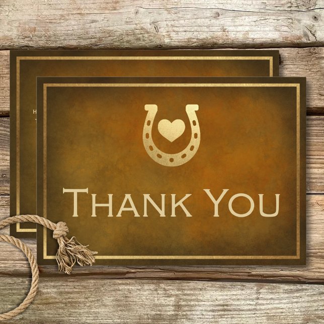 Westerna Rustic Horseshoe Brown & Guld Bröllop Tack Kort (Western Rustic Horseshoe Brown & Gold Wedding Thank You Card)