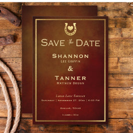 Westerna Rustic Horseshoe Burgundy & Guld Bröllop Spara Datumet