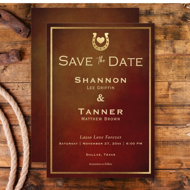 Westerna Rustic Horseshoe Burgundy & Guld Bröllop Spara Datumet (Western Rustic Horseshoe Burgundy & Gold Wedding Save The Date)