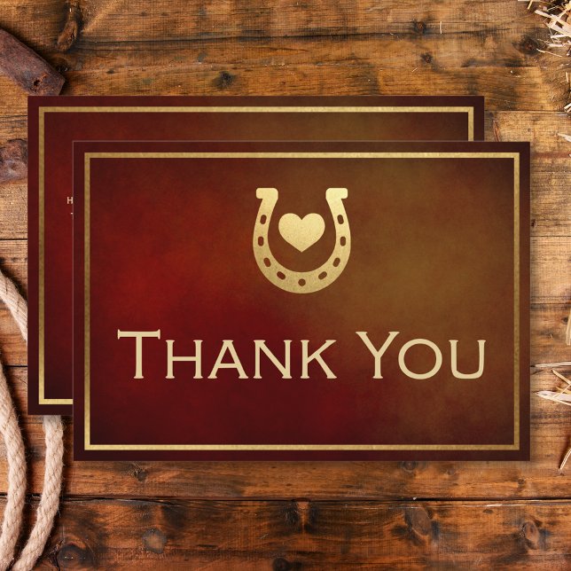 Westerna Rustic Horseshoe Burgundy & Guld Bröllop Tack Kort (Western Rustic Horseshoe Burgundy & Gold Wedding Thank You Card)