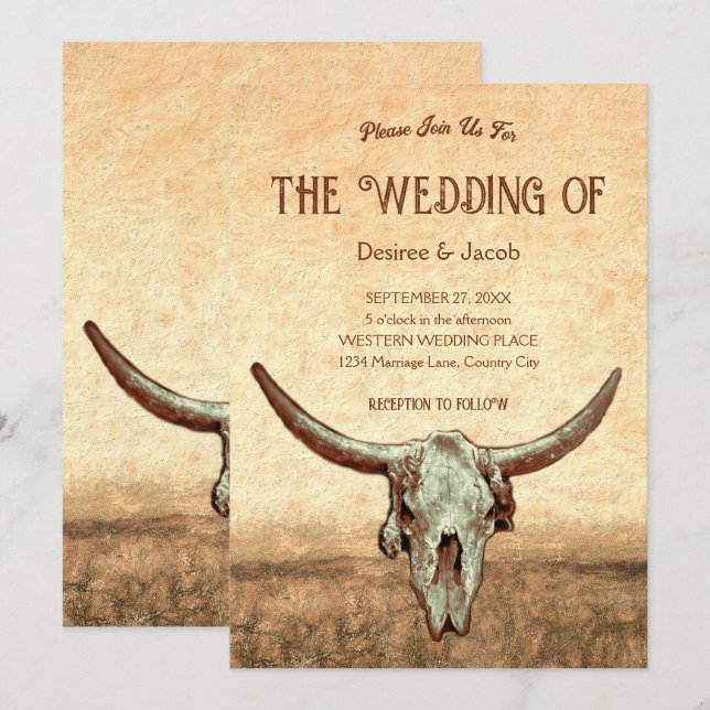 Westerna Rustic Land Bull Skull Inbjudningar (Fram/baksida)