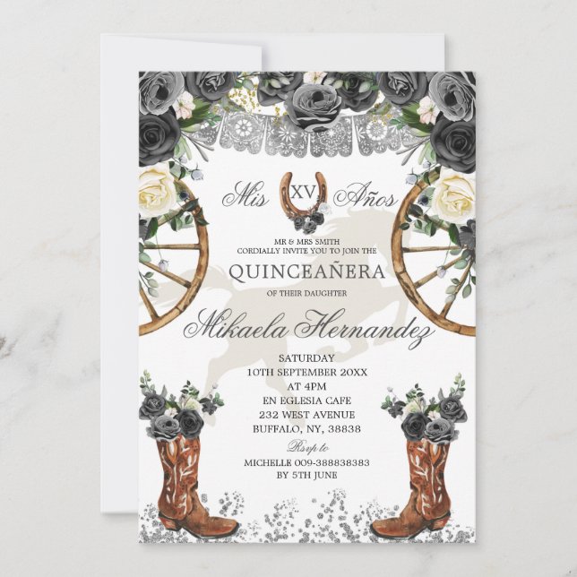 Westerna Silver och Black Charra Boots 15 Anos Inbjudningar (Framsida)